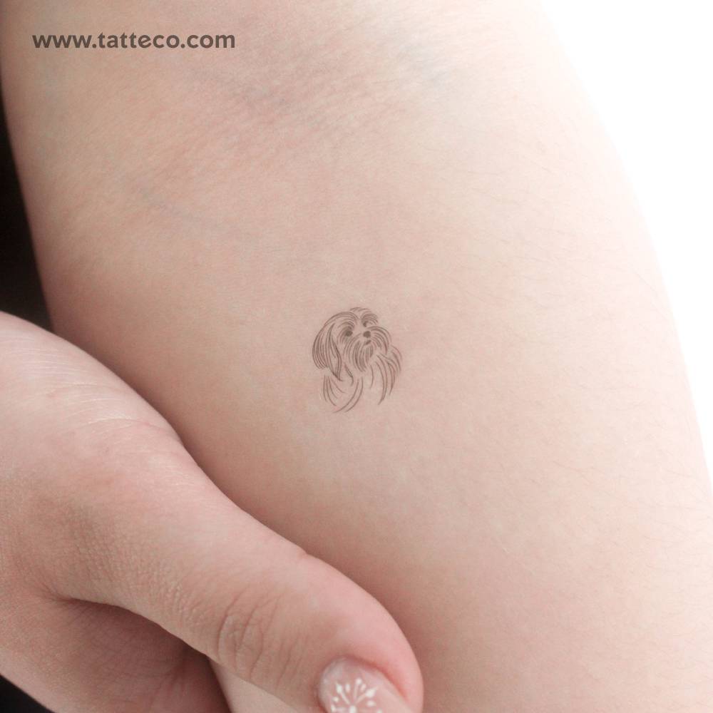 Maltese dog portrait temporary tattoo in fine line style.