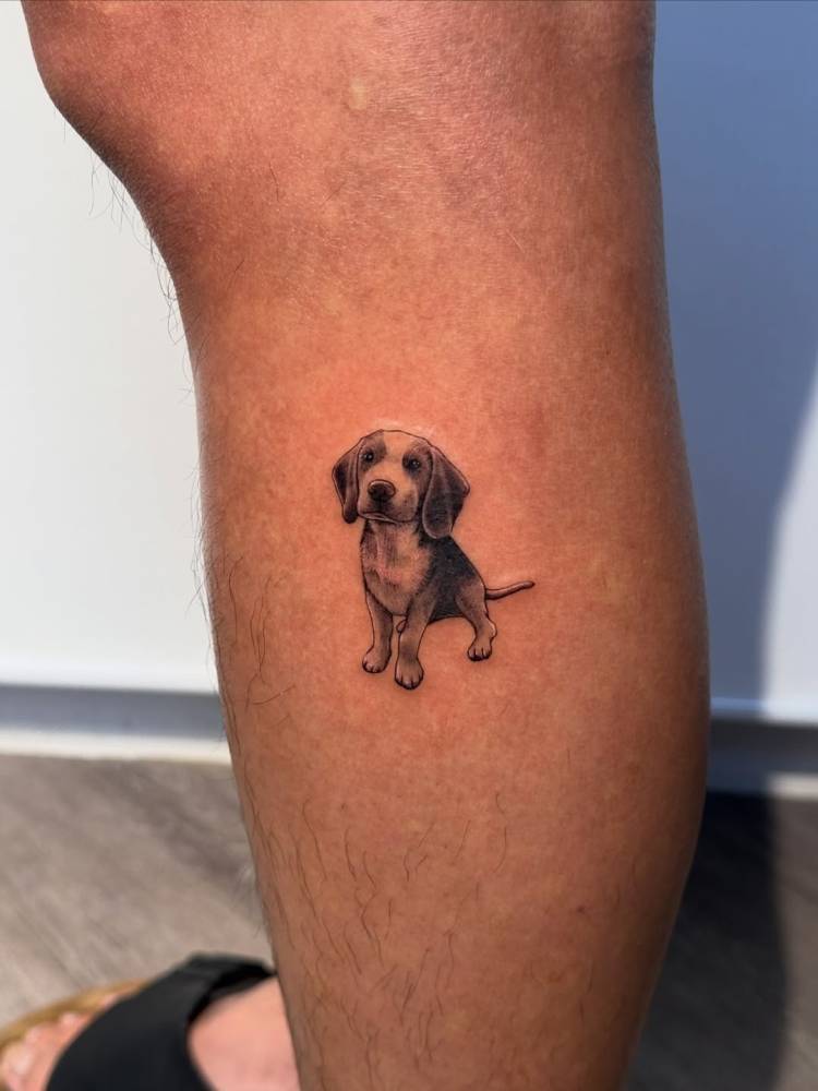 Beagle tattoo in illustrative style located on the calf.