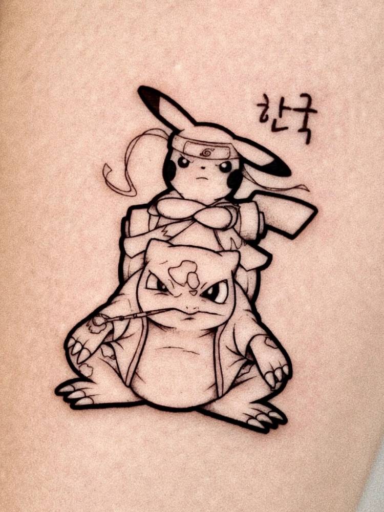Pikachu and Blastoise tattoo located on the thigh, cartoon style.