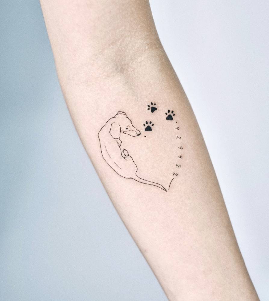 Memorial dog tattoo located on the inner forearm.