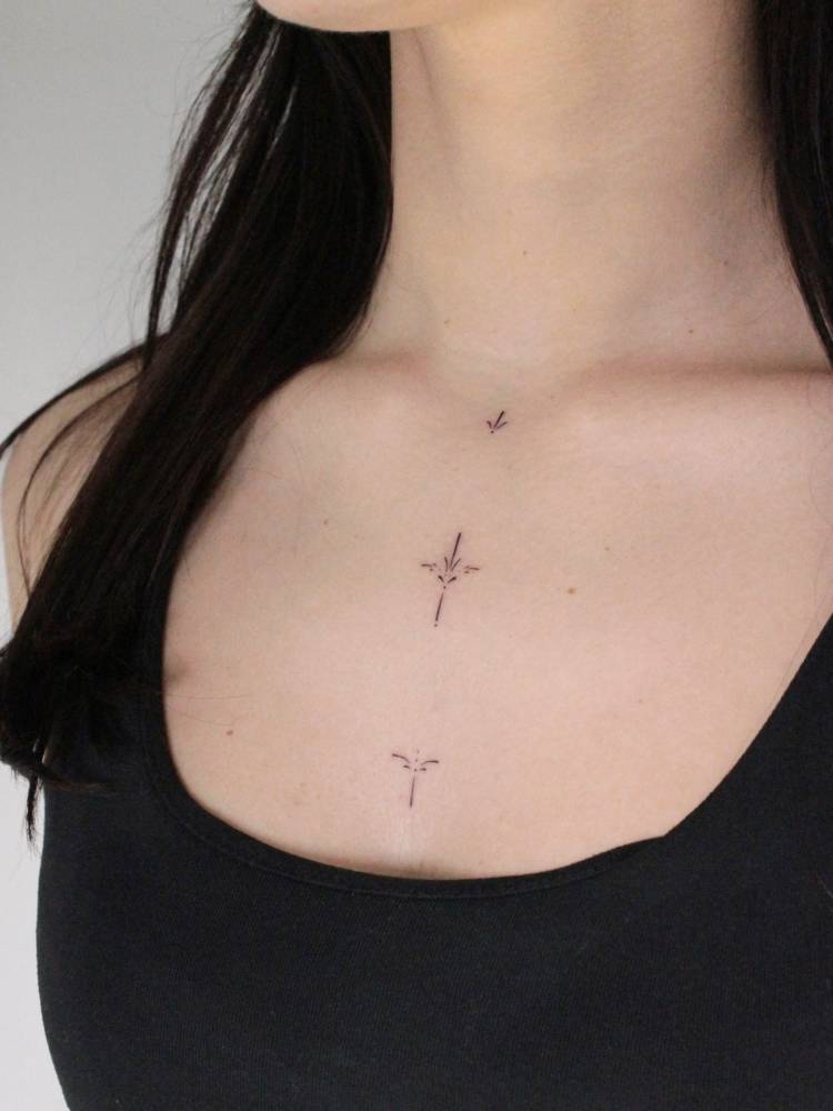 Fine line style ornaments tattoo located on the chest.