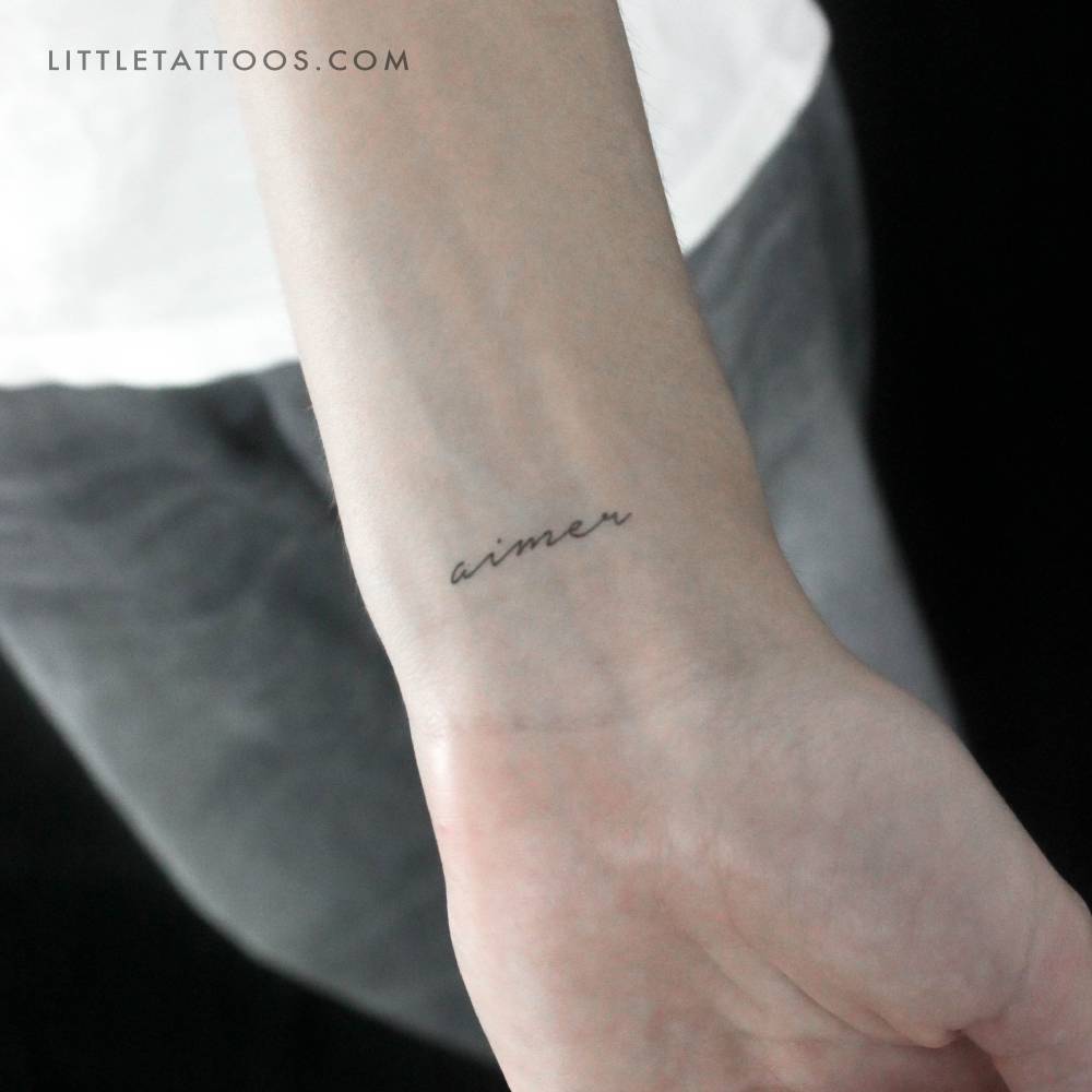Handwritten font word "aimer" temporary tattoo.