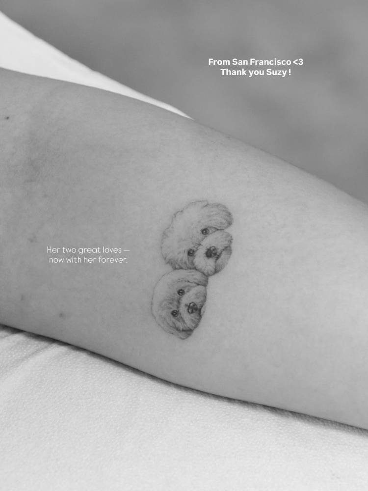 Poodles portrait tattooed on the inner forearm, micro-realistic style.