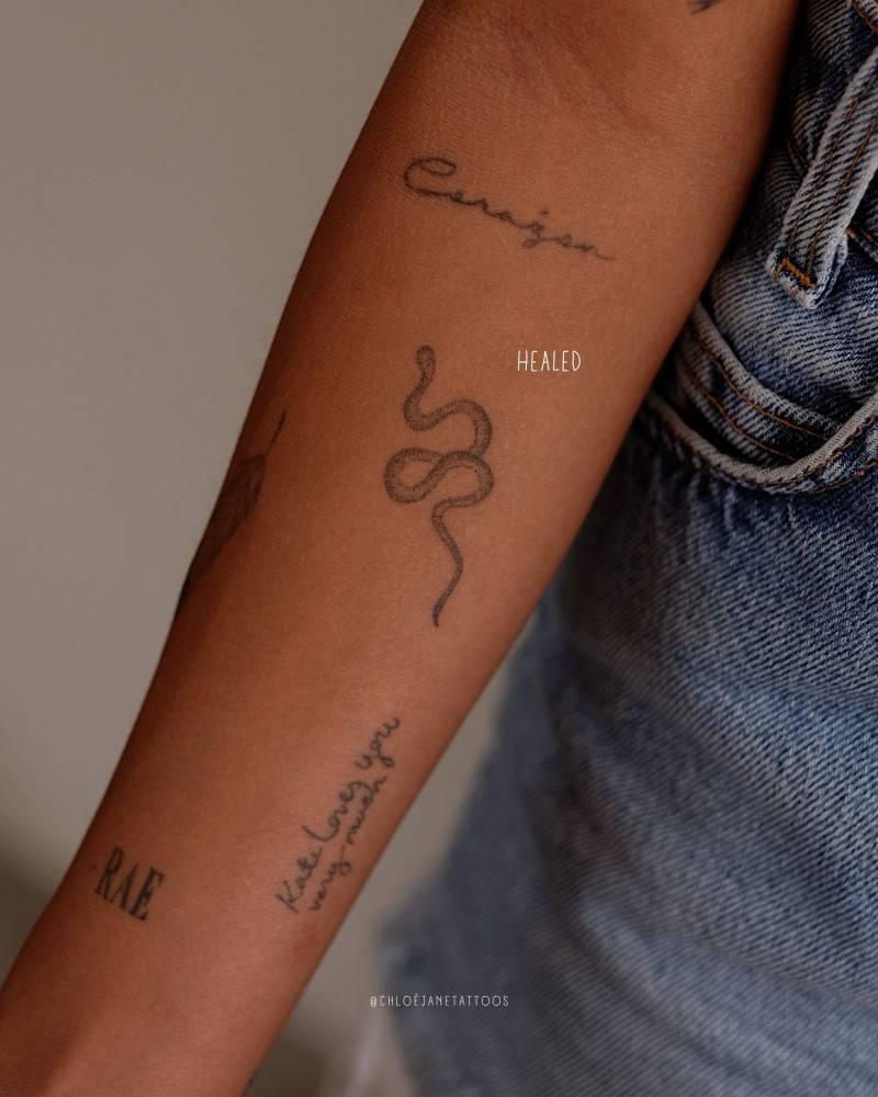 Healed snake tattoo in illustrative style located on the inner forearm.