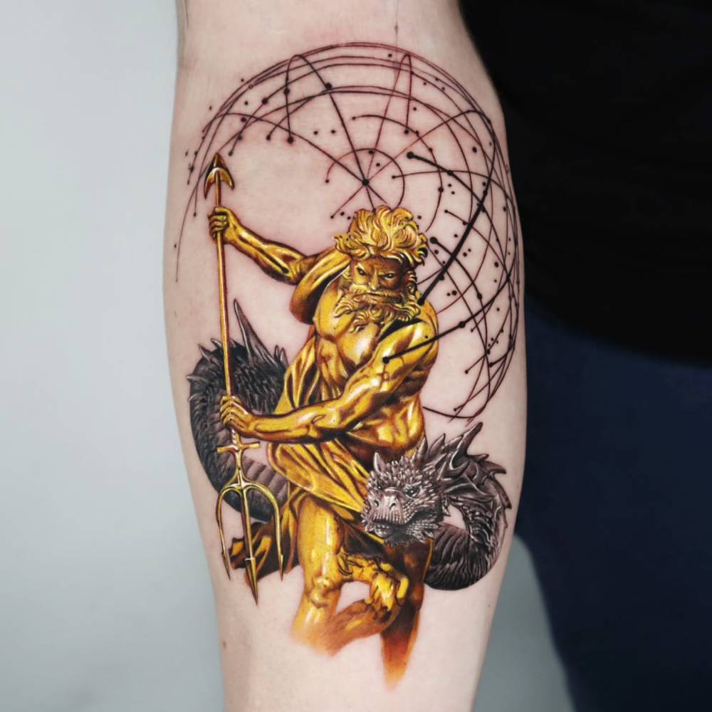 Poseidon and dragon tattoo located on the inner forearm, graphic style.