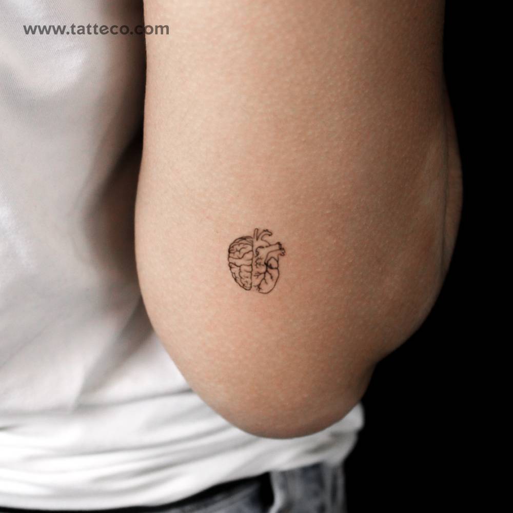 Brain and heart semi-permanent tattoo located on the tricep.