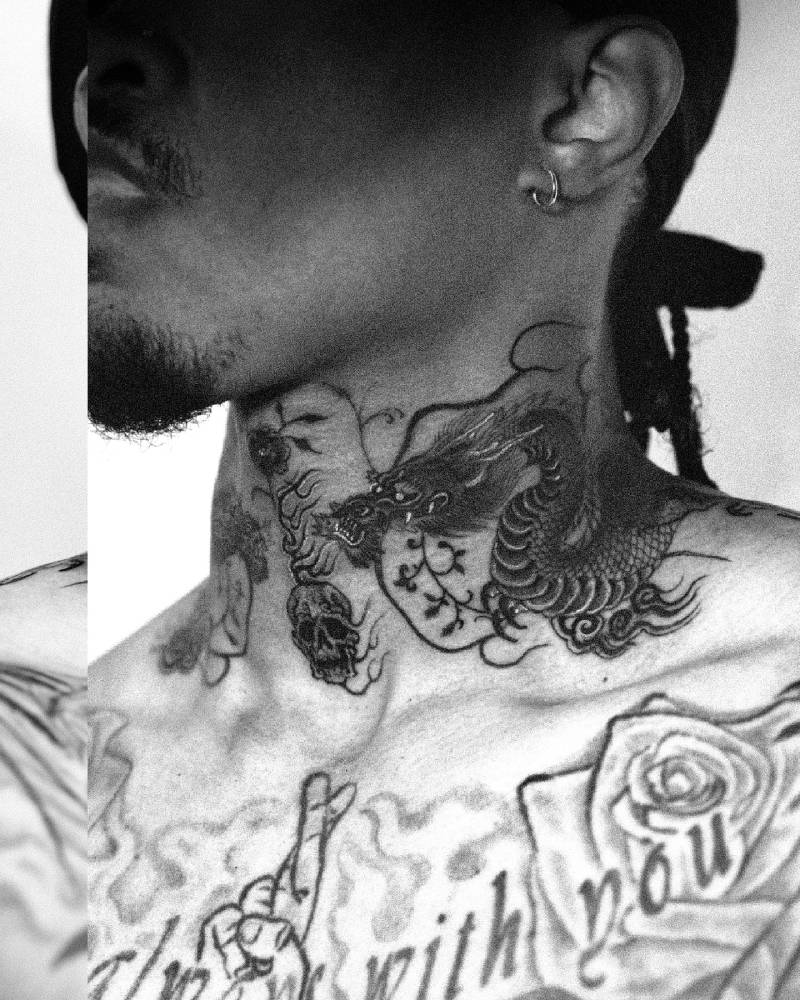 Dragon tattoo in oriental style located on the neck.