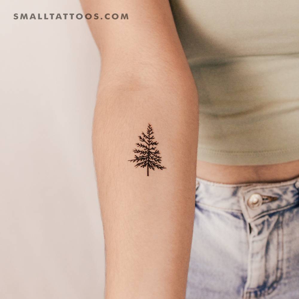 Pine tree temporary tattoo located on the inner forearm.
