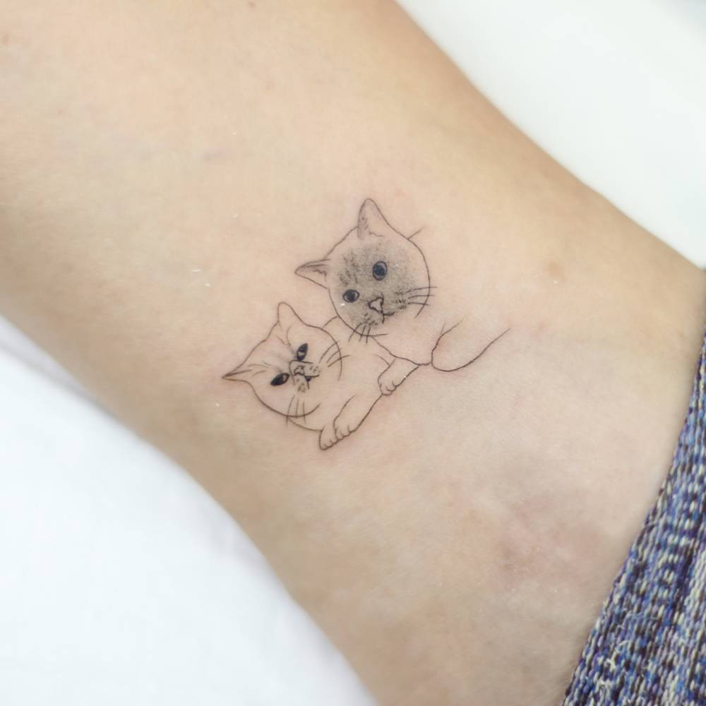 Little cats tattoo in illustrative style done on the ankle.