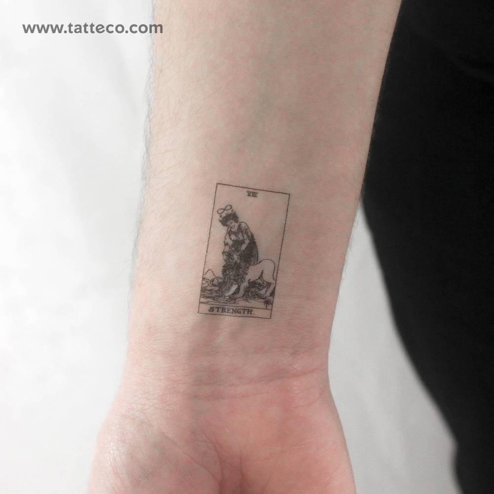 Little strength tarot card temporary tattoo located on the wrist.