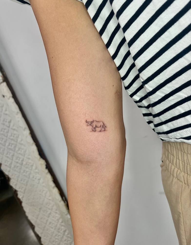 Tiny buffalo in illustrative style tattooed on the inner arm.