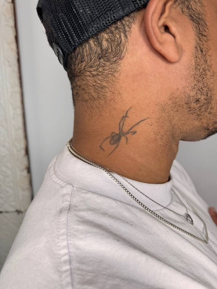 Healed spider tattoo in illustrative style done on the neck.
