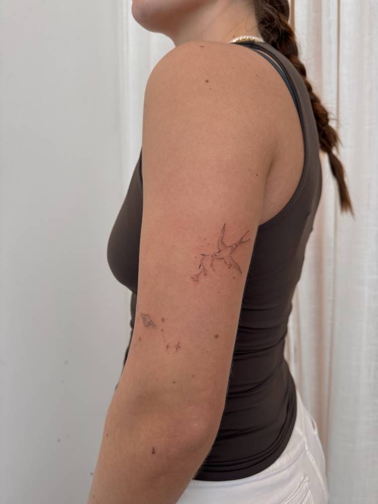 Swallow tattoo in fine line style locate on the tricep.