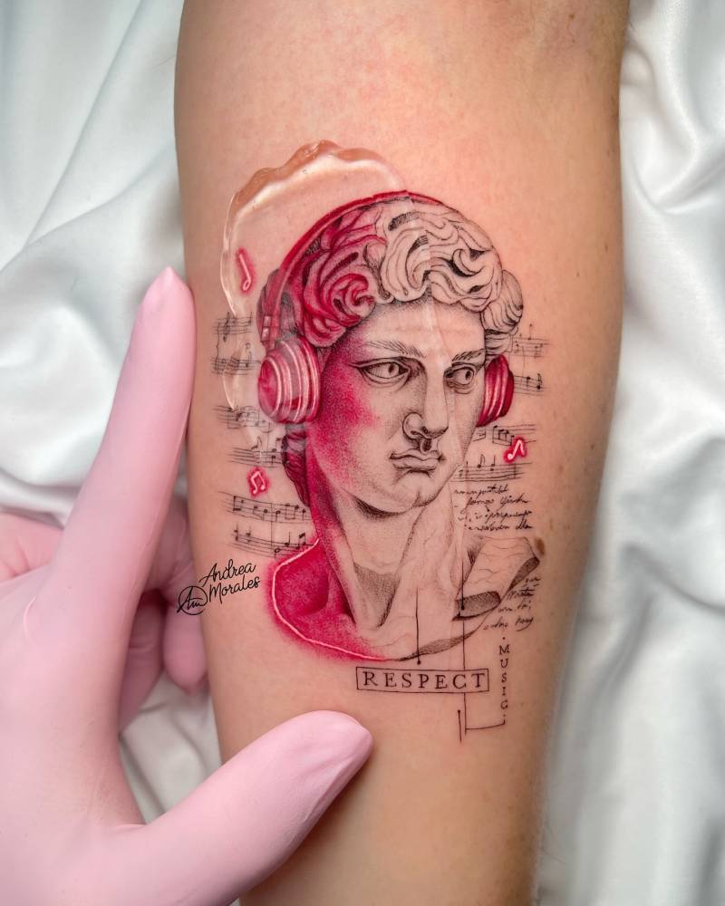 David tattoo in pop art style located on the inner forearm.
