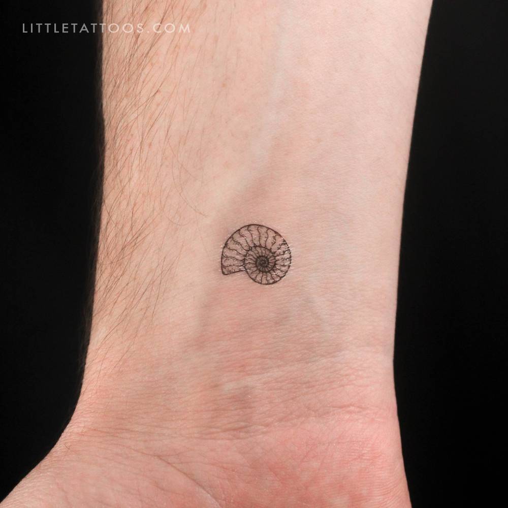 Ammonite temporary tattoo located on the wrist.