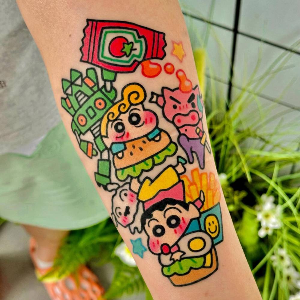 Crayon Shin-Chan tattoo in kawaii style located on the inner forearm.