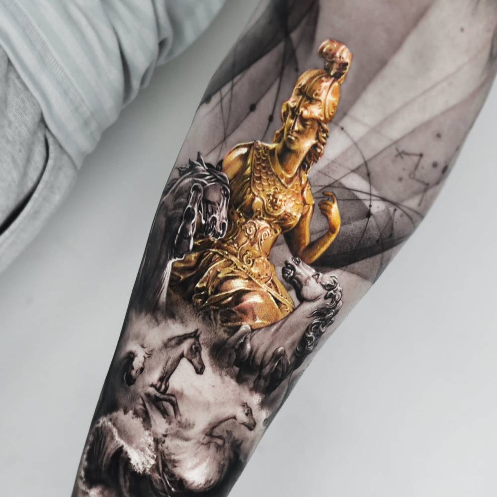 Athena tattoo in micro-realistic style placed on the inner forearm.