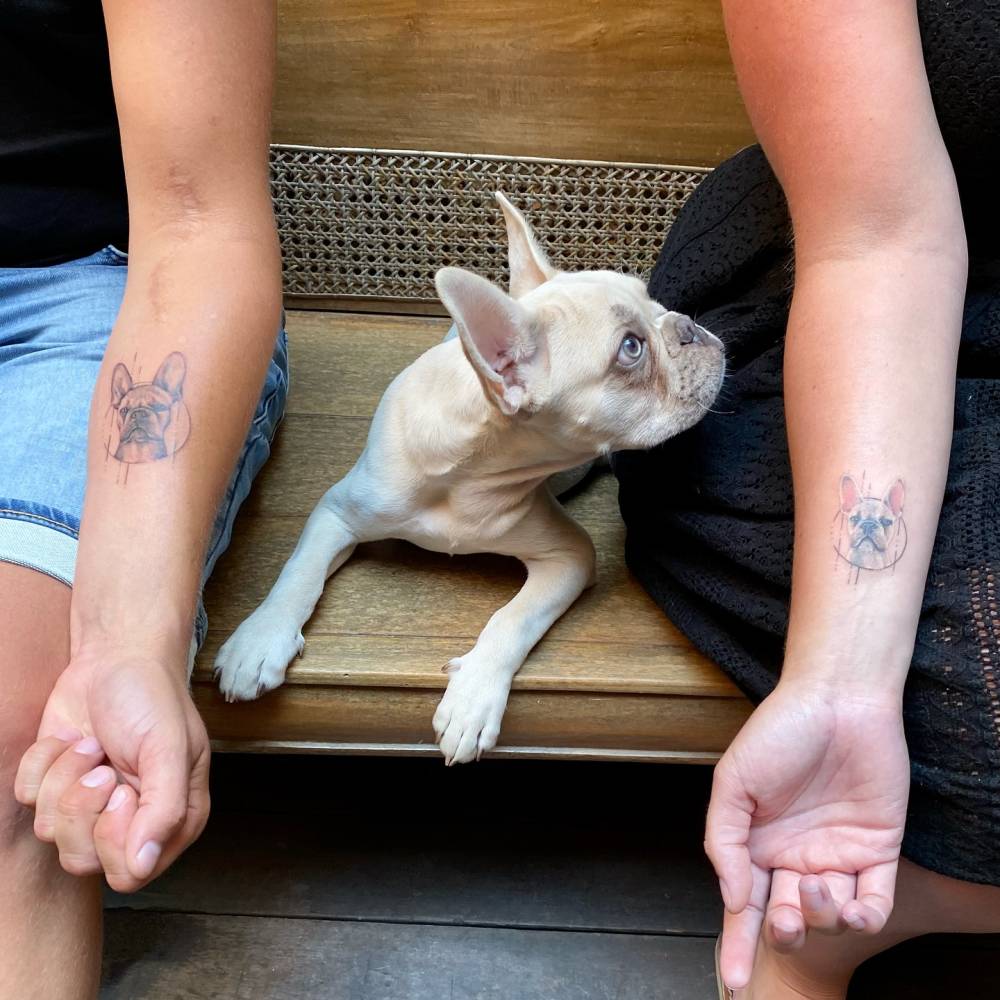 Matching French Bulldog portrait tattoo for sisters.