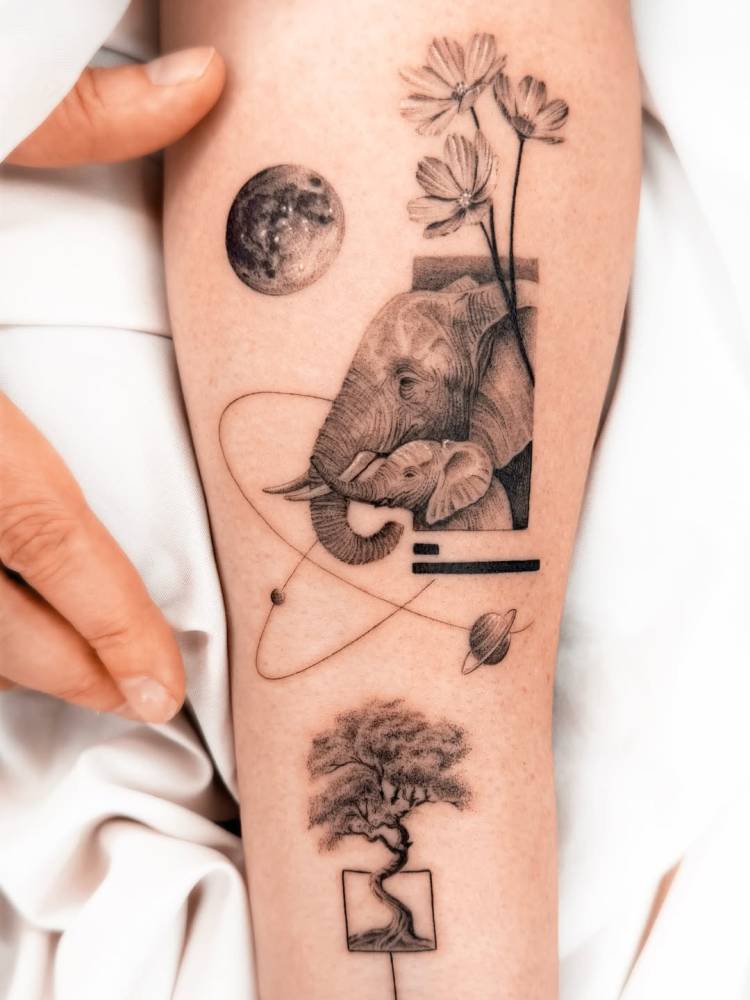 Graphic style elephant and bonsai tree tattoo located on the inner forearm.