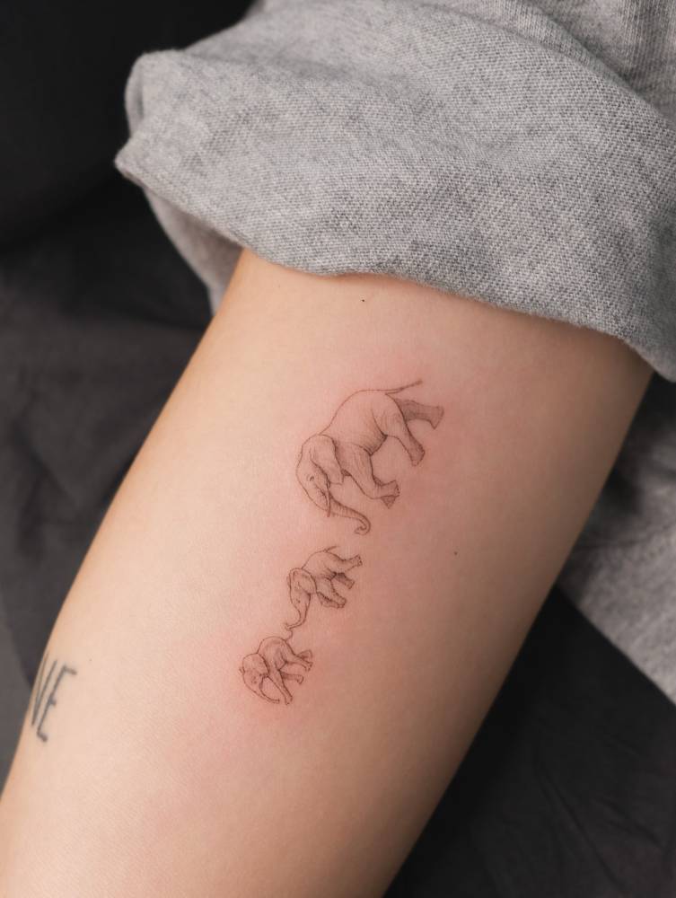 Elephant family tattoo in micro-realistic style located on the inner arm.