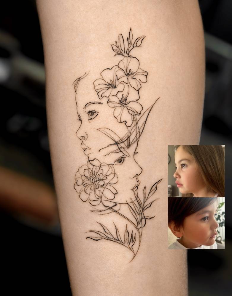 Her children portraits tattooed on the inner forearm, sketch work style.