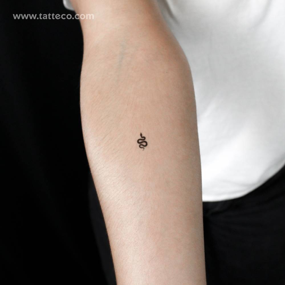 Tiny black snake semi-permanent tattoo located on the inner forearm.