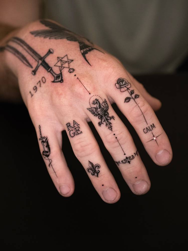 Hand composition tattoos in illustrative style.