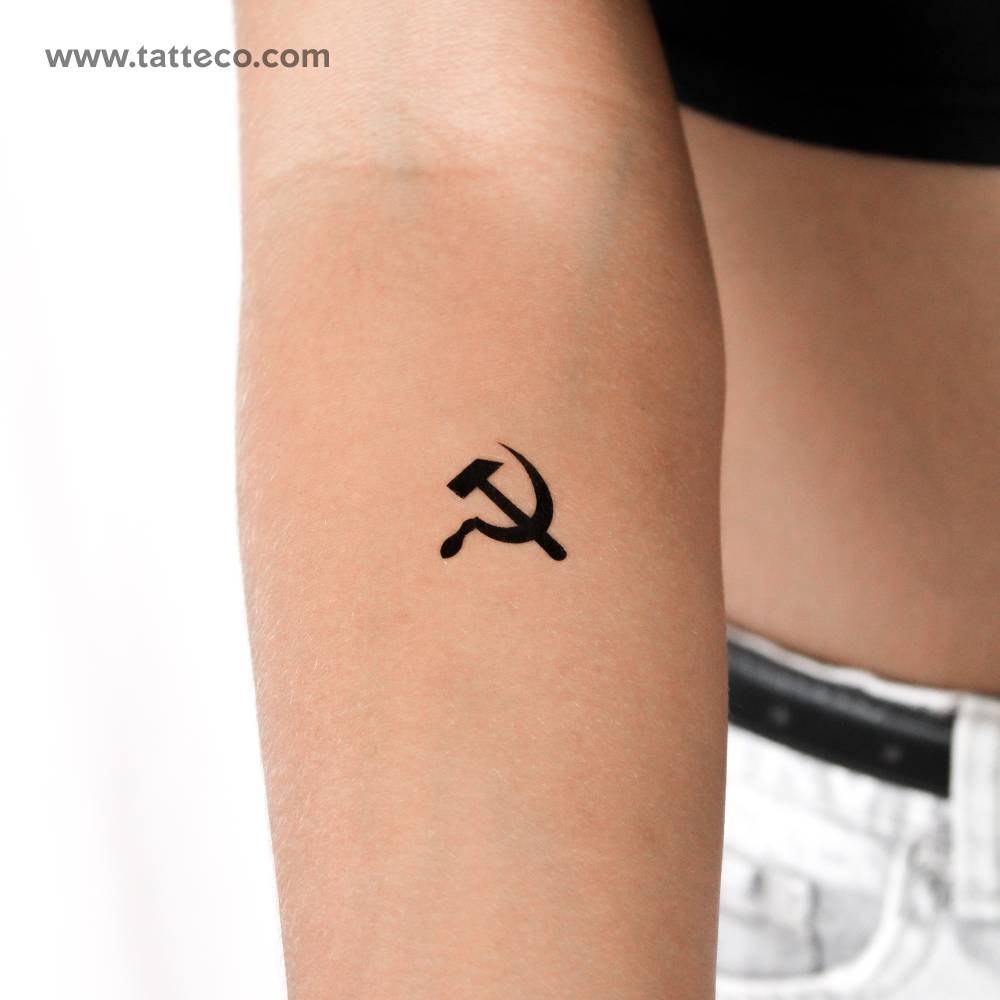 Hammer and sickle temporary tattoo in minimalistic style.