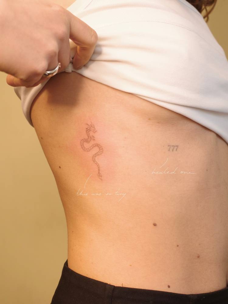 Little dragon in fine line style tattooed on the rib.