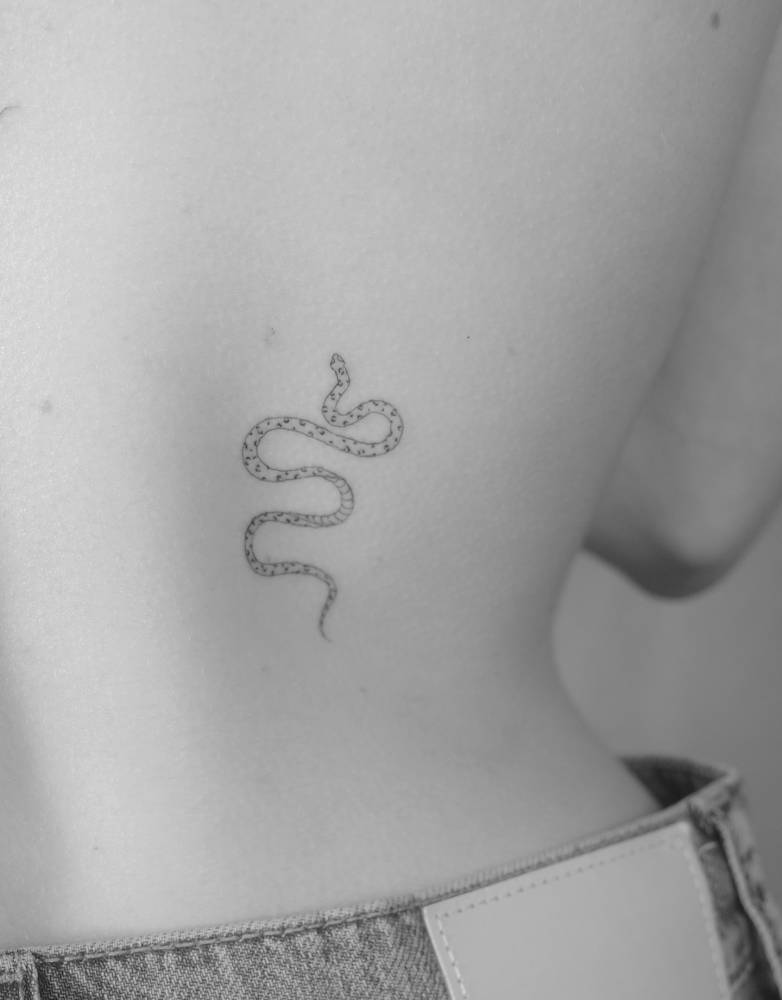 Snake tattoo located on the lower back, done in fine line style.