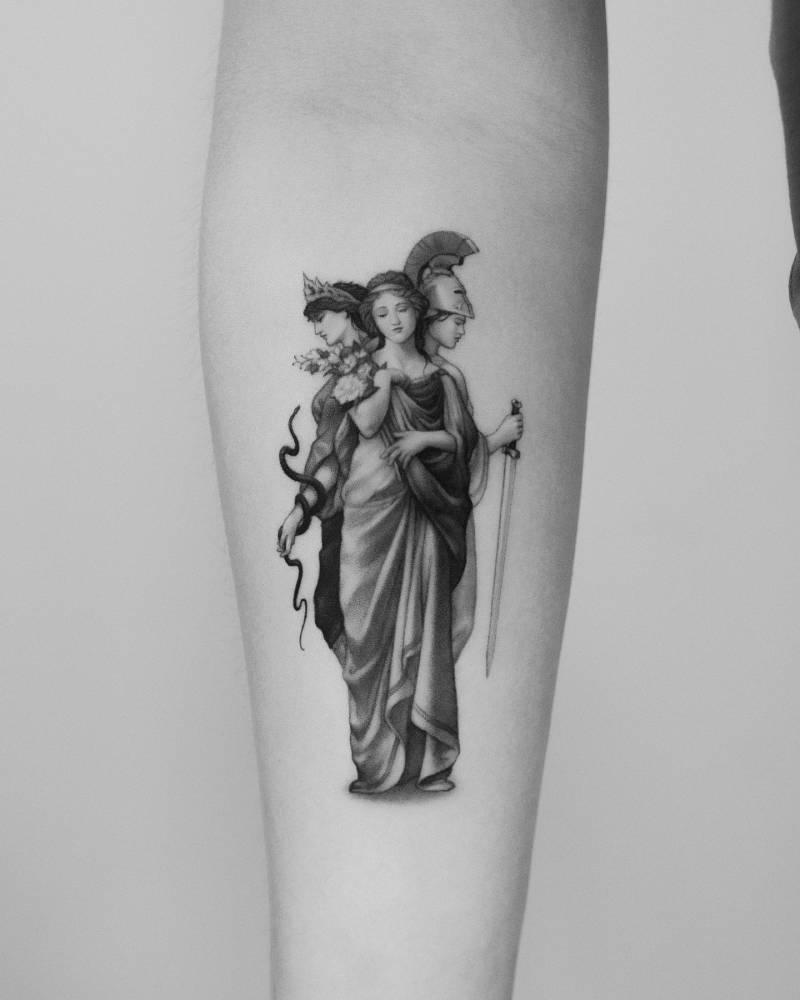 Micro-realistic style Hecate tattoo located on the inner forearm.