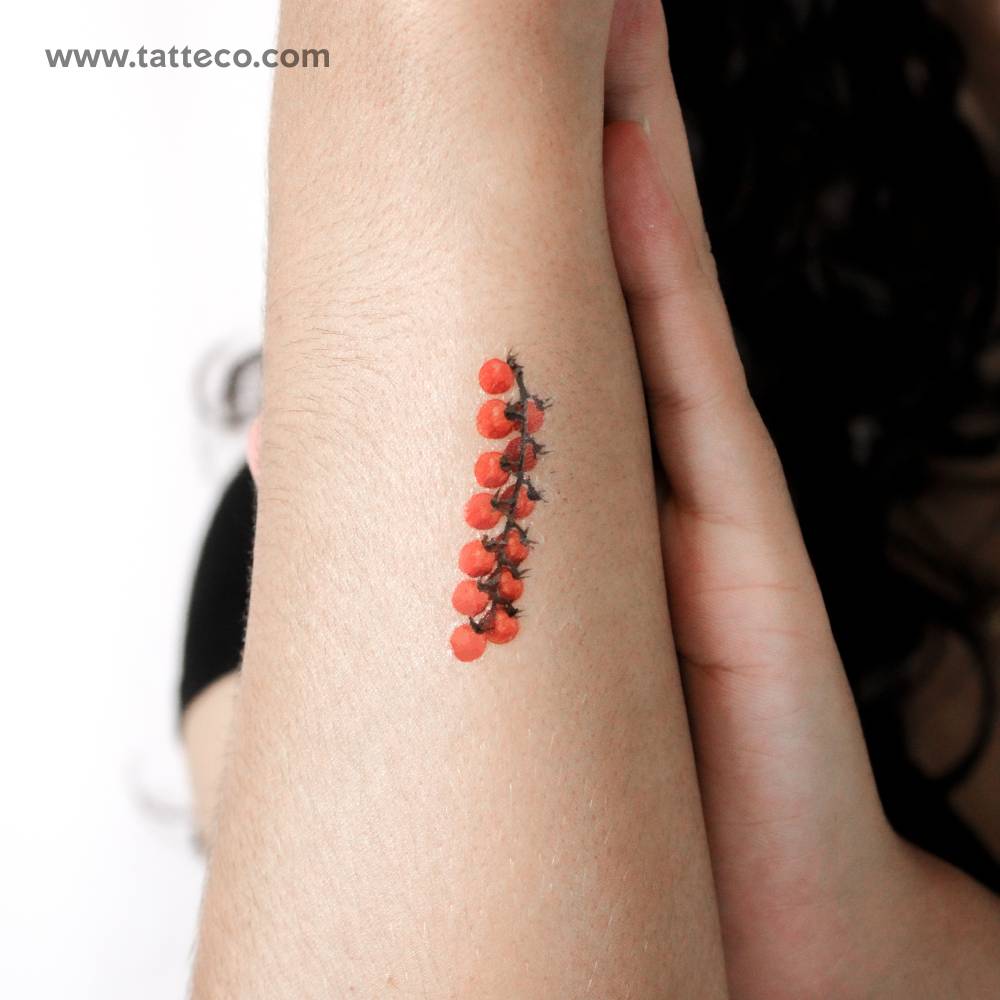 Tomato vine temporary tattoo located on the wrist.