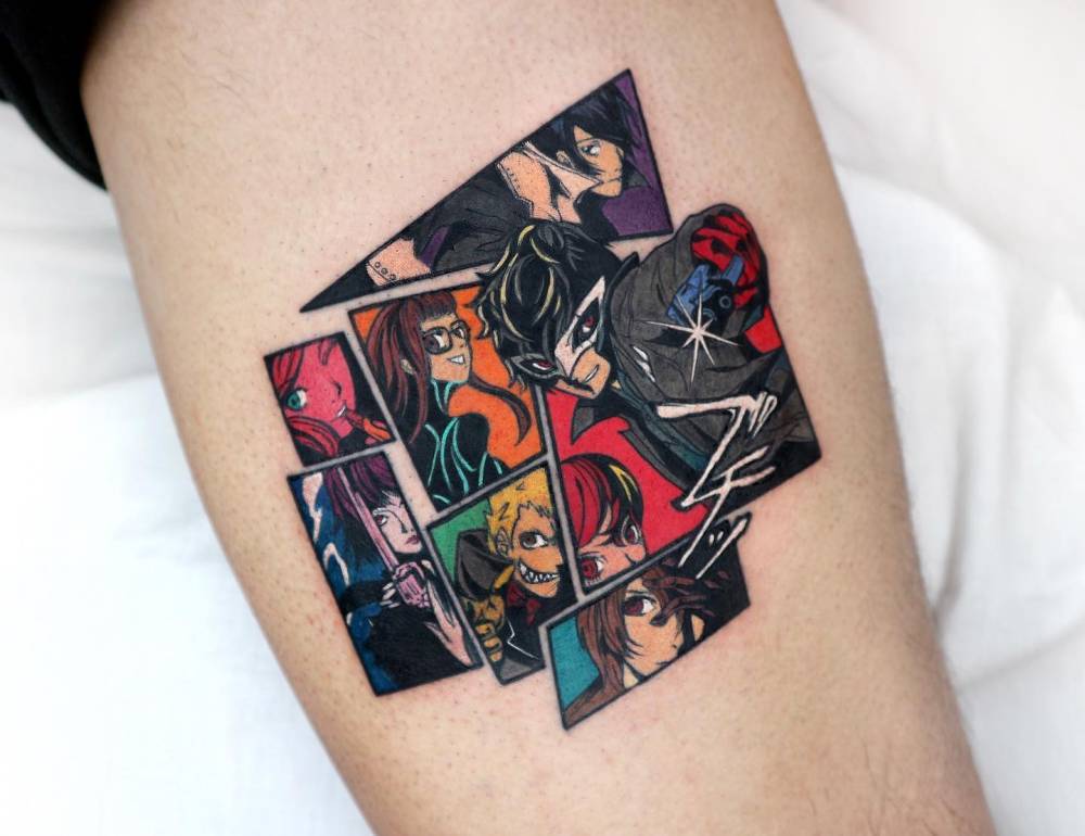 Persona 5 tattoo in comic style located on the inner arm.