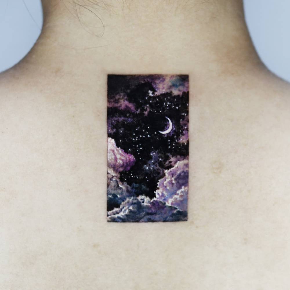 Clouds, moon and stars tattoo in micro-realistic style.