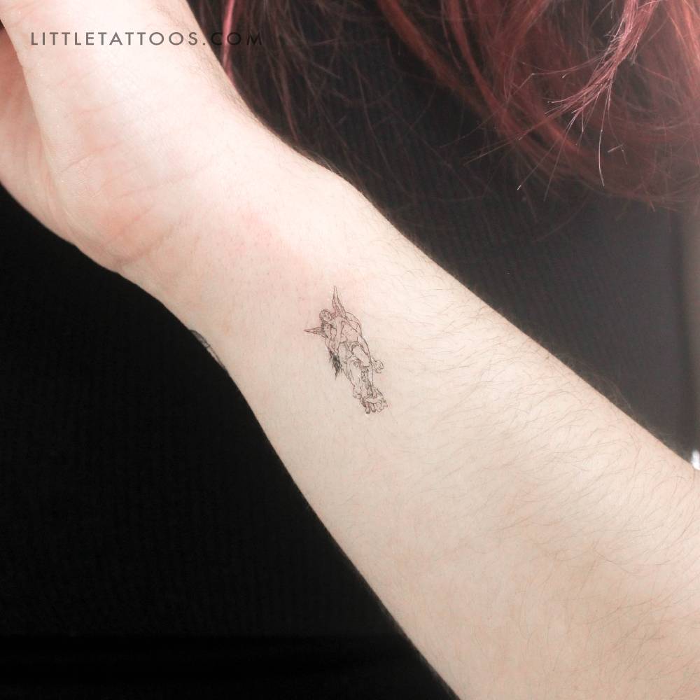 Small "The Abduction Of Psyche" temporary tattoo located on the wrist.