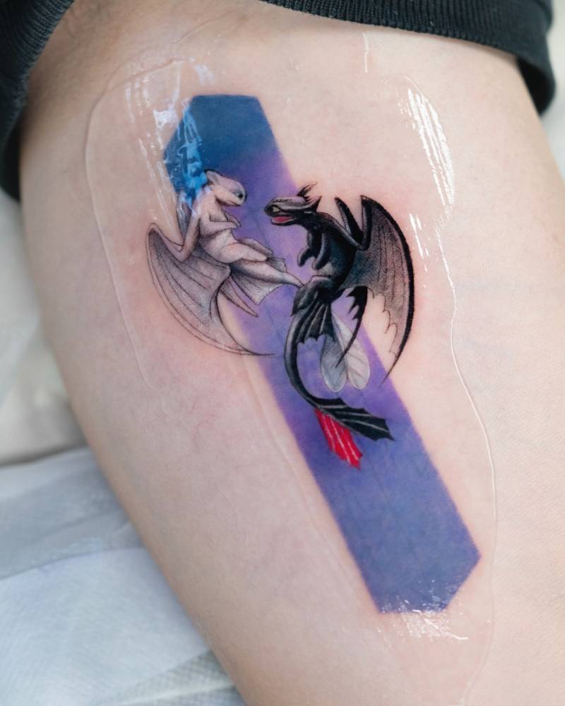 'How to Train Your Dragon' tattoo located on the inner arm, cartoon style.
