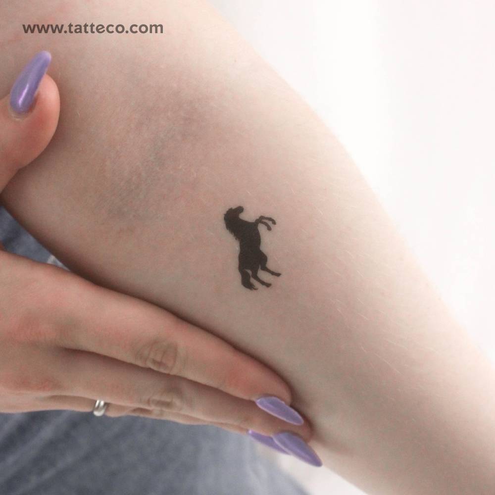 Black horse temporary tattoo located on the inner forearm.