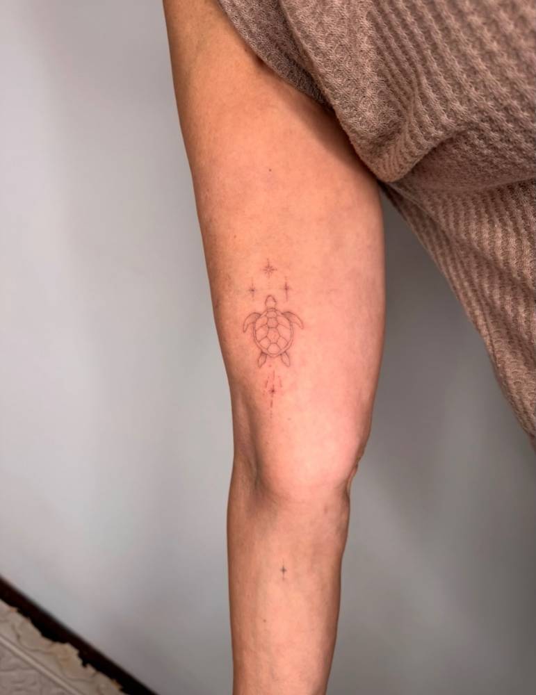 Fine line style turtle tattoo located on the inner arm.