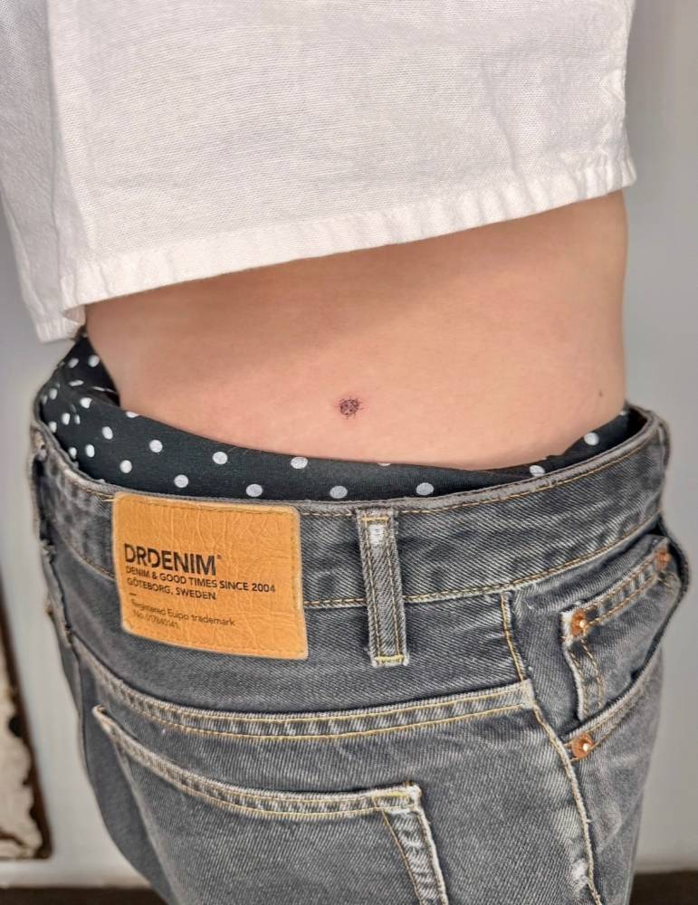 Tiny ladybug tattoo placed on the lower back.