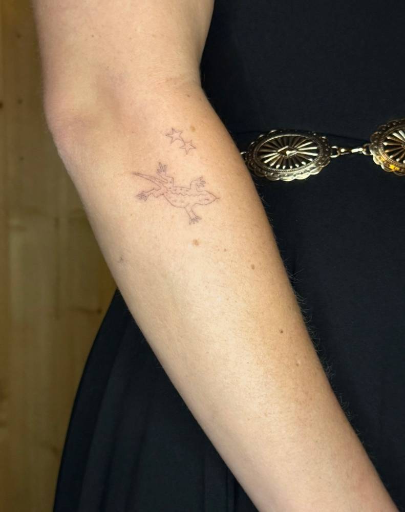 Single needle gecko tattoo located on the forearm.