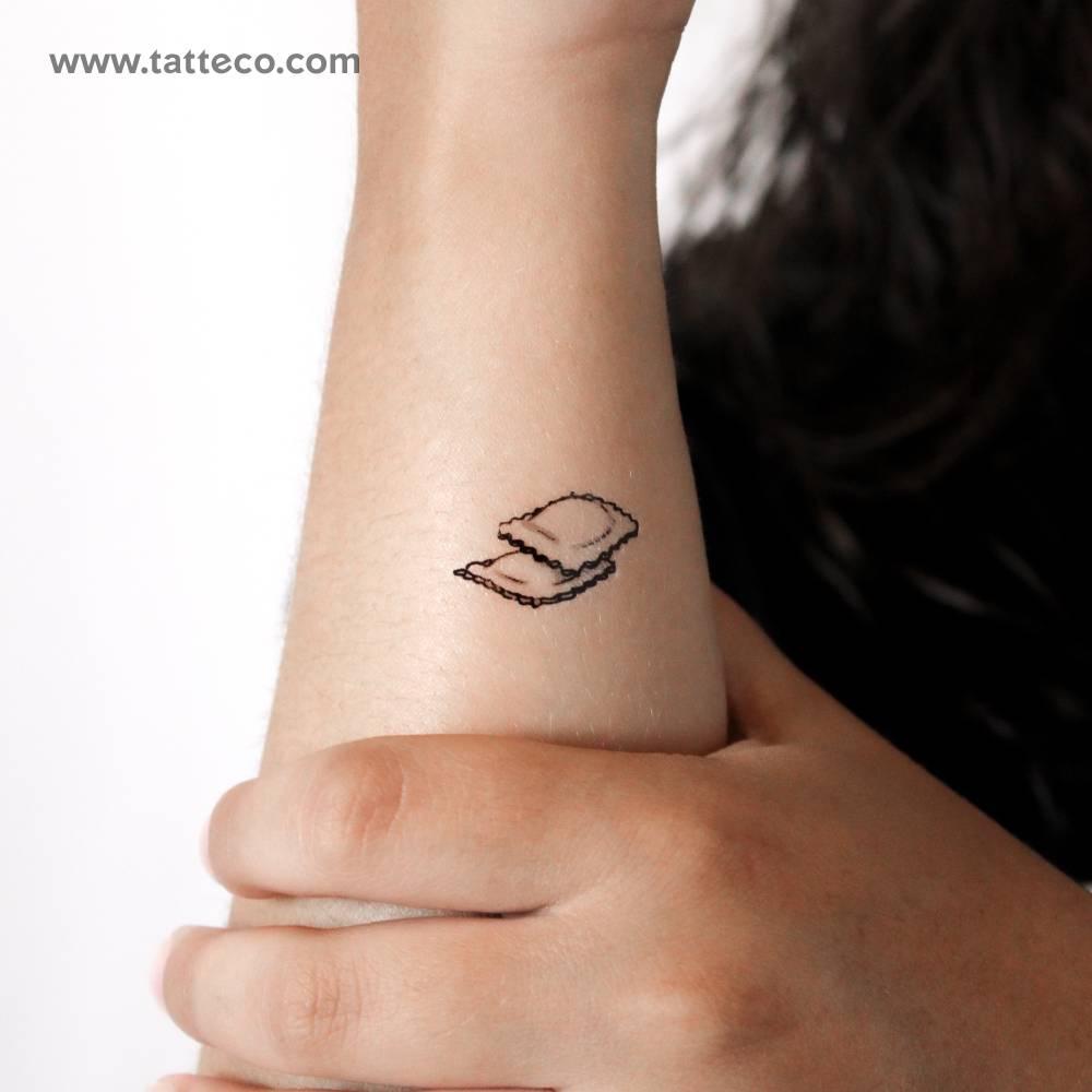 Ravioli temporary tattoo located on the wrist.