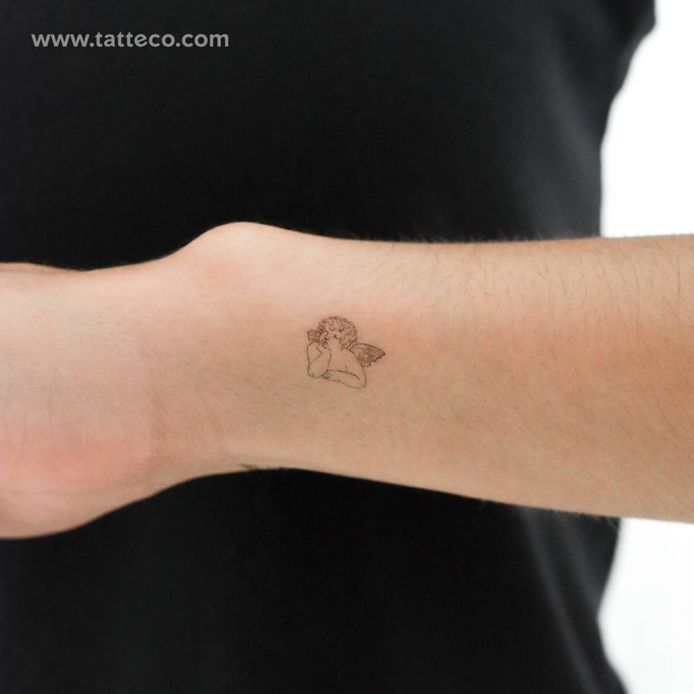 Thinking cherub temporary tattoo in fine line style.