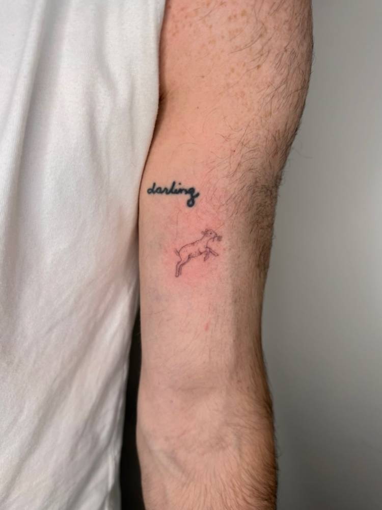 Cute lamb tattoo located on the bicep, fine line style.
