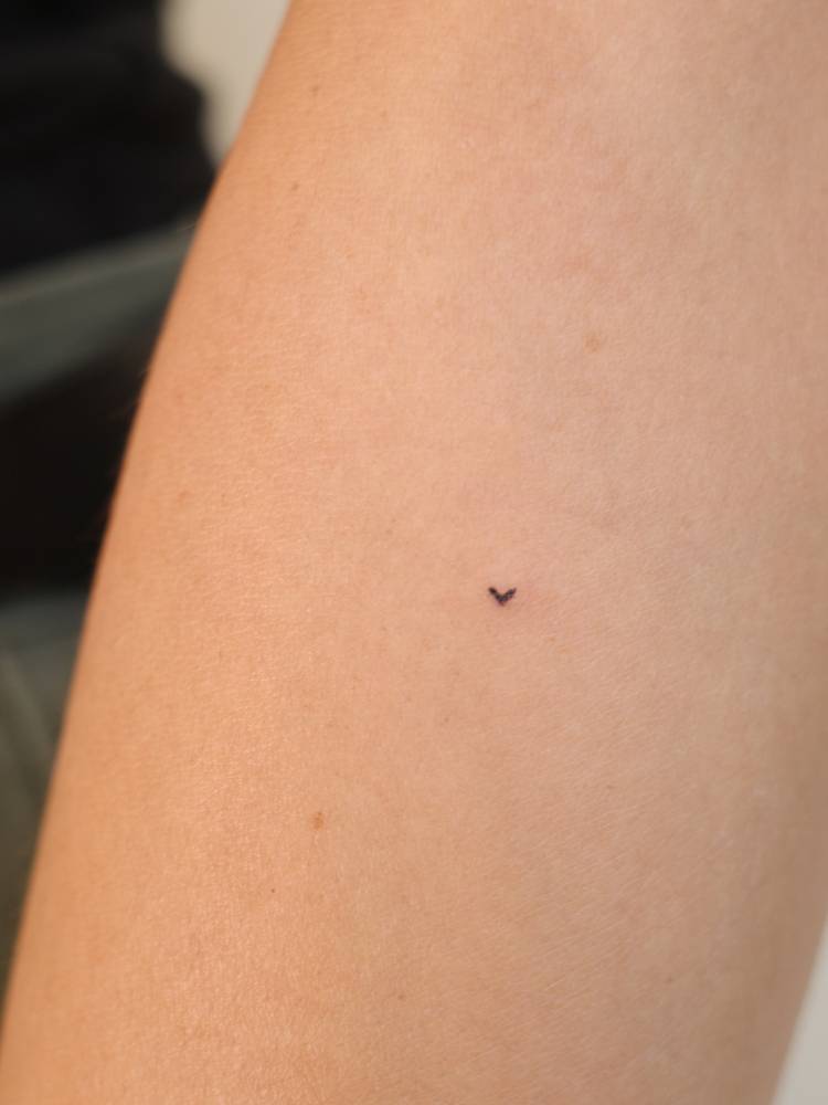 Micro heart tattoo located on the forearm, minimalistic style.