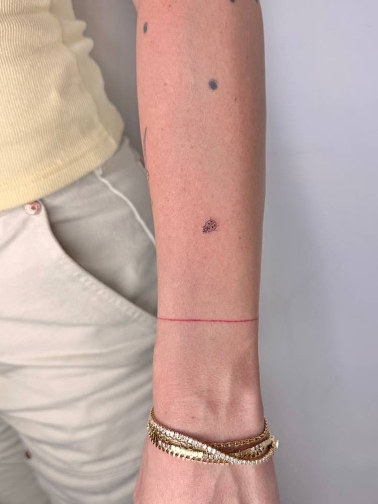 Tiny minimalistic ladybug tattoo placed on the forearm.