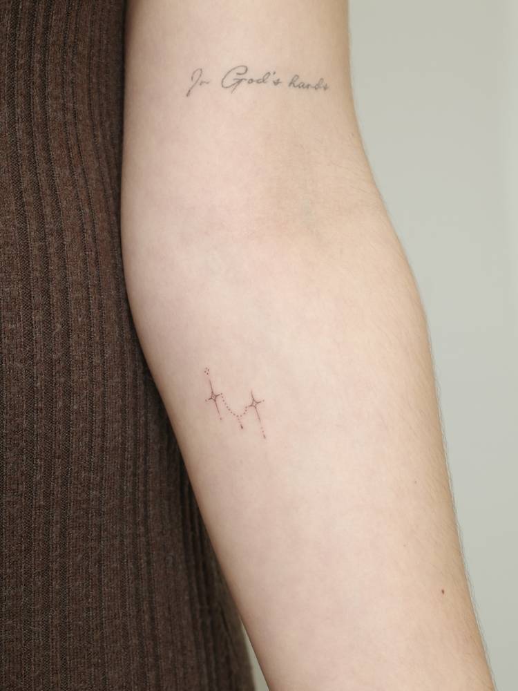 Ornamental star couple in fine line style tattooed on the inner forearm.