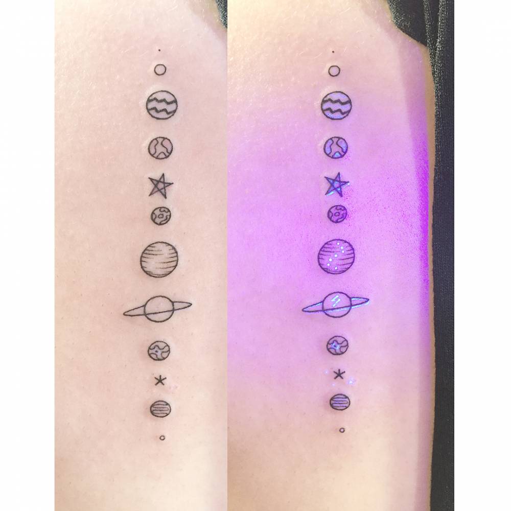 UV Solar System tattoo located on the thigh.