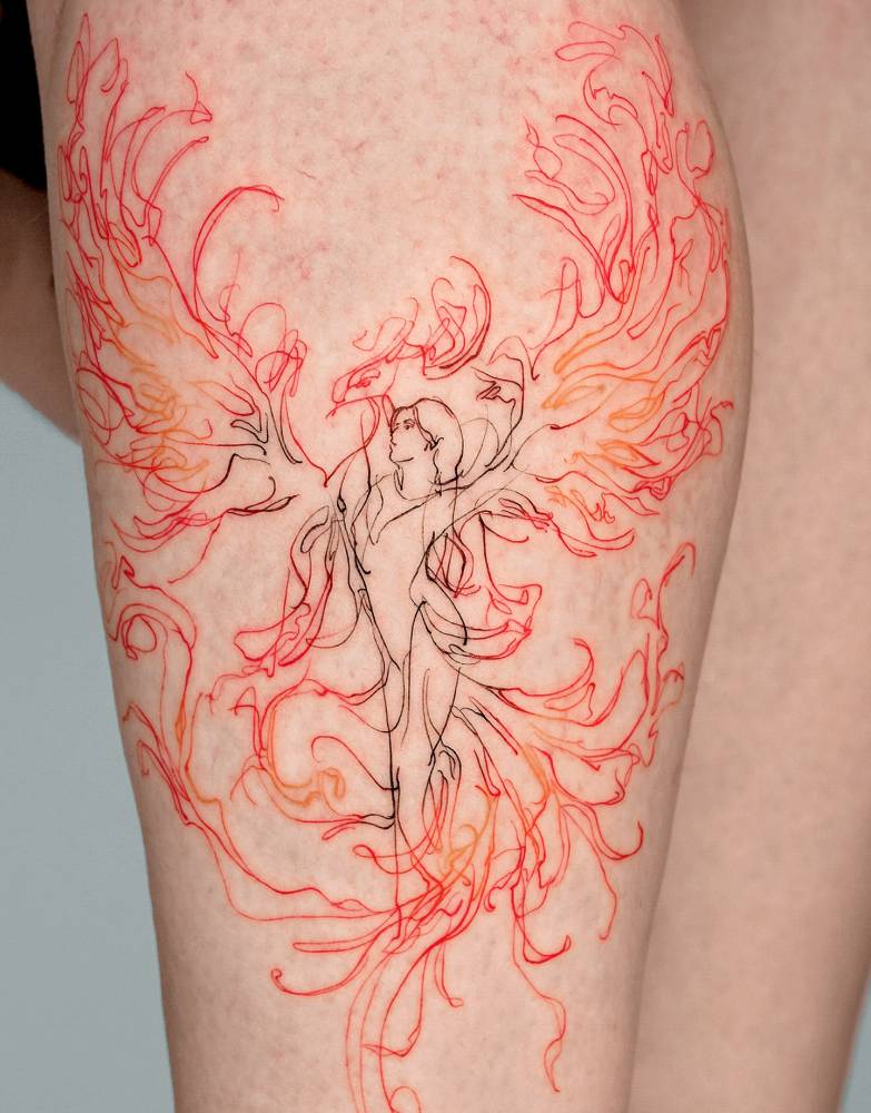 Sketch work style Phoenix tattoo located on the calf.