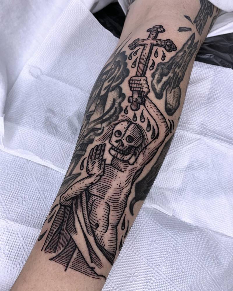 Zombie with holy cross in engraving style, freehand work.