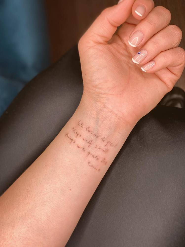 Mom's handwriting tattooed on the wrist.
